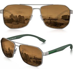 Aviator Sunglasses for Men Square Polarized Polygon Lens UV 400 Protection-Brown